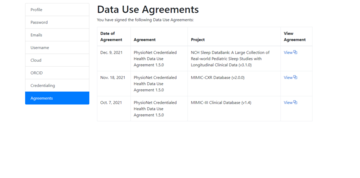 PhysioNet Settings: Agreements page