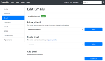 PhysioNet Profile: Settings: Edit Emails
